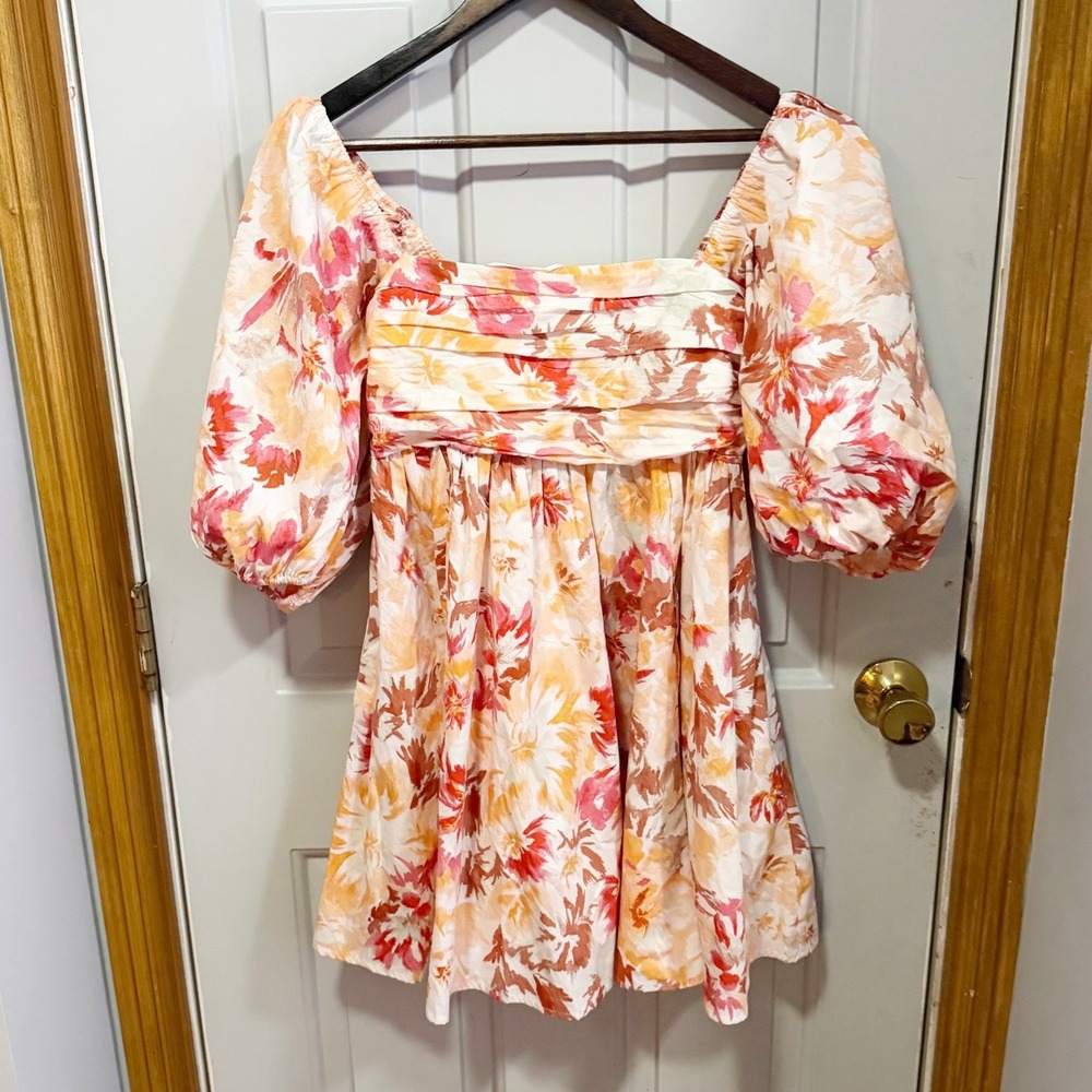 Abercrombie & Fitch Emerson Mini Dress Womens Orange Floral Puff Sleeve Pockets